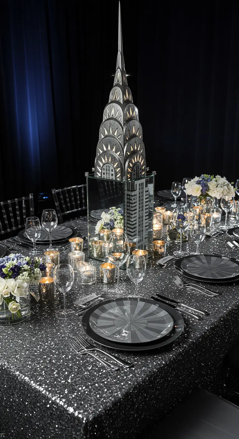 A silver sequin table with a Chrysler Building centerpiece and many votives.