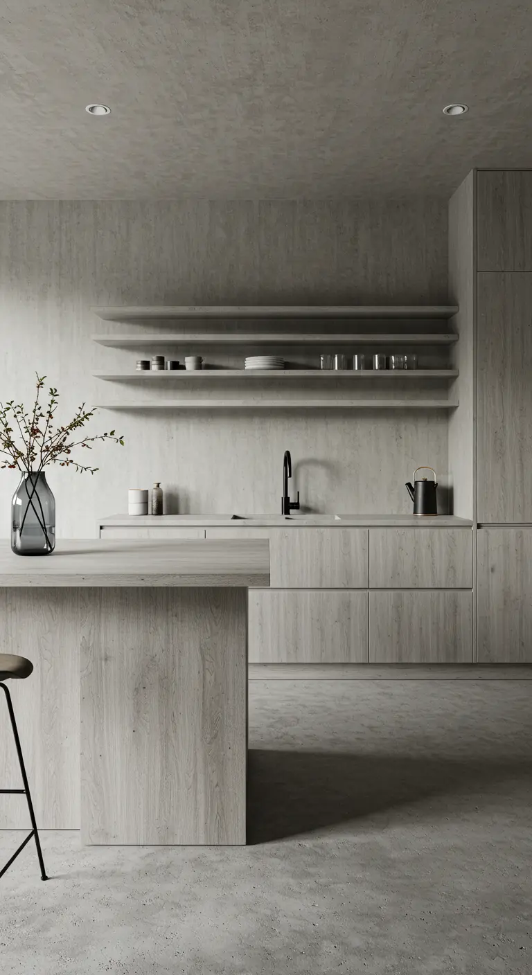 Monochromatic kitchen with concrete-like walls and pale, gray-washed wood cabinets and island.