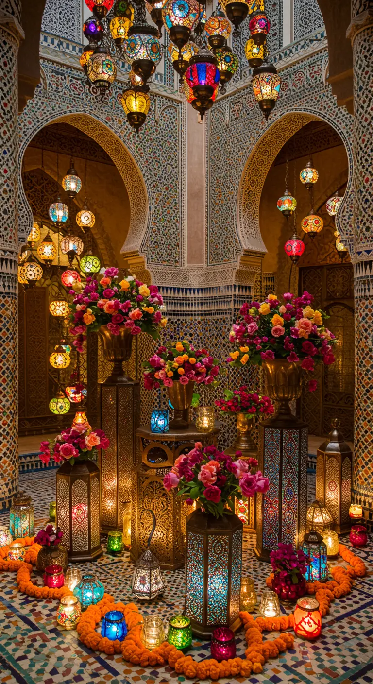 A vibrant Moroccan-themed wedding scene with colorful lanterns and flower arrangements.