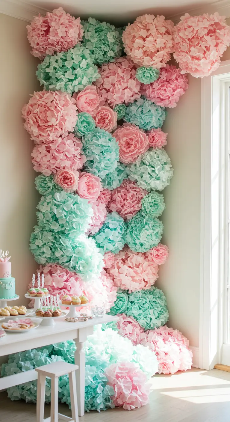 A dessert table next to a wall corner filled with cascading pink and mint green paper hydrangeas.