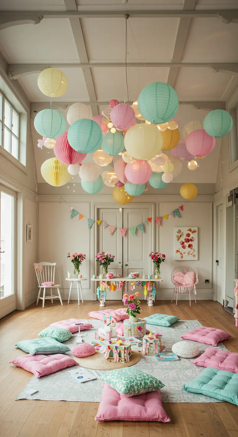 A cloud of pastel paper lanterns hanging from the ceiling over a party with floor cushions.