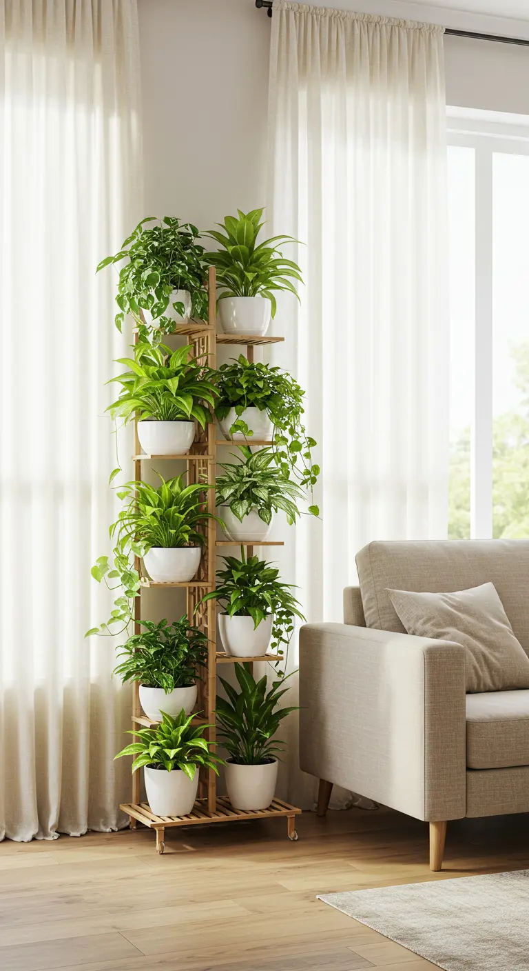 A tall, light wood tiered plant stand holding numerous green plants next to a sofa.