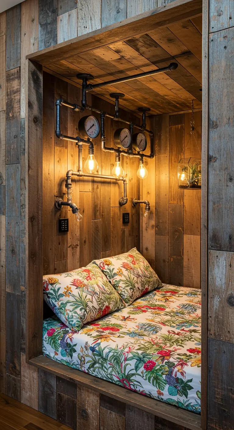 A cozy sleeping nook built with reclaimed wood and lit by a custom industrial pipe fixture.