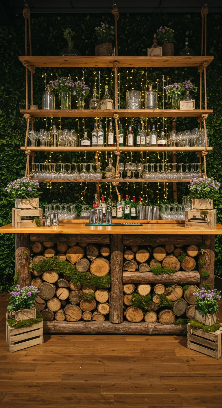 A rustic party bar with a front made of stacked logs and moss, with hanging shelves above.