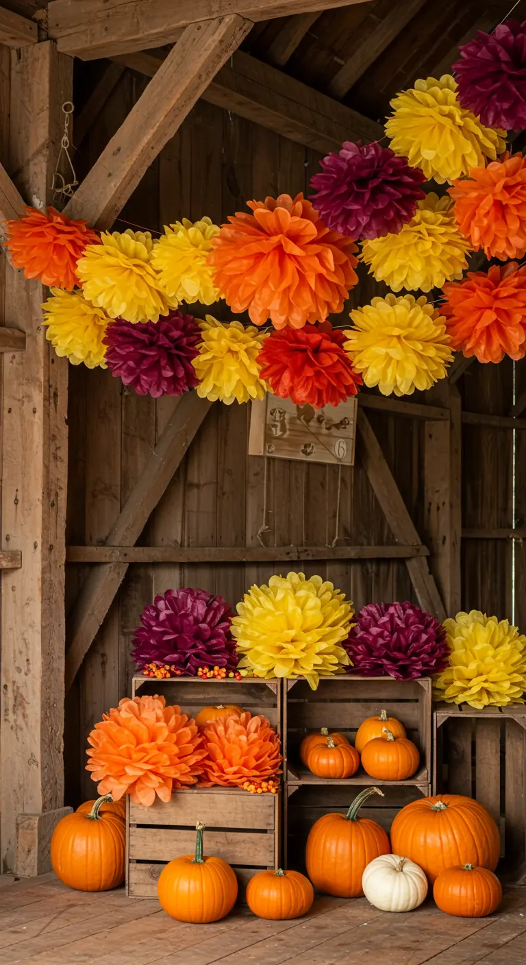A rustic barn setting decorated with fall-colored pom-poms and pumpkins in wooden crates.