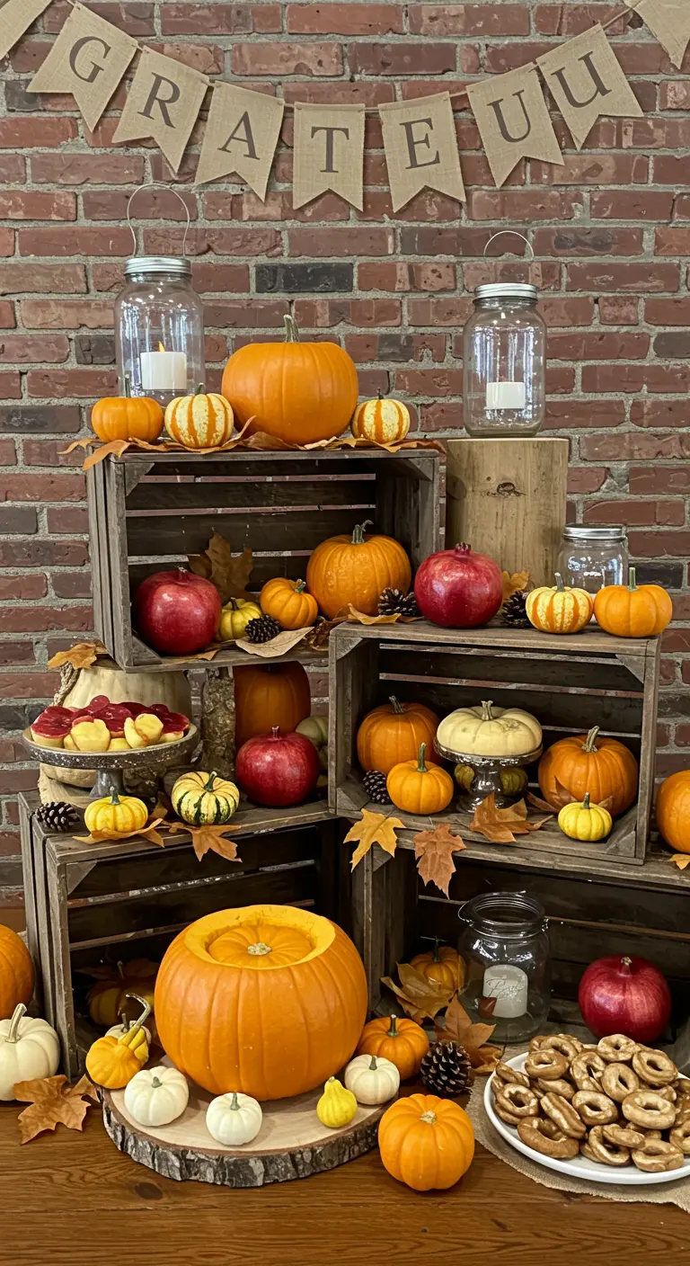 Stacked wooden crates against a brick wall, filled with pumpkins, apples, and snacks.