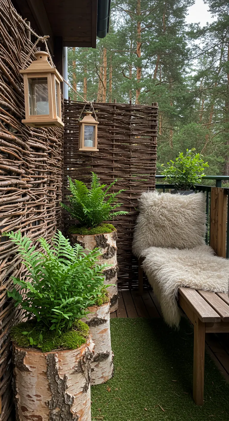 A forest-themed balcony with a woven twig screen and ferns planted in birch logs.