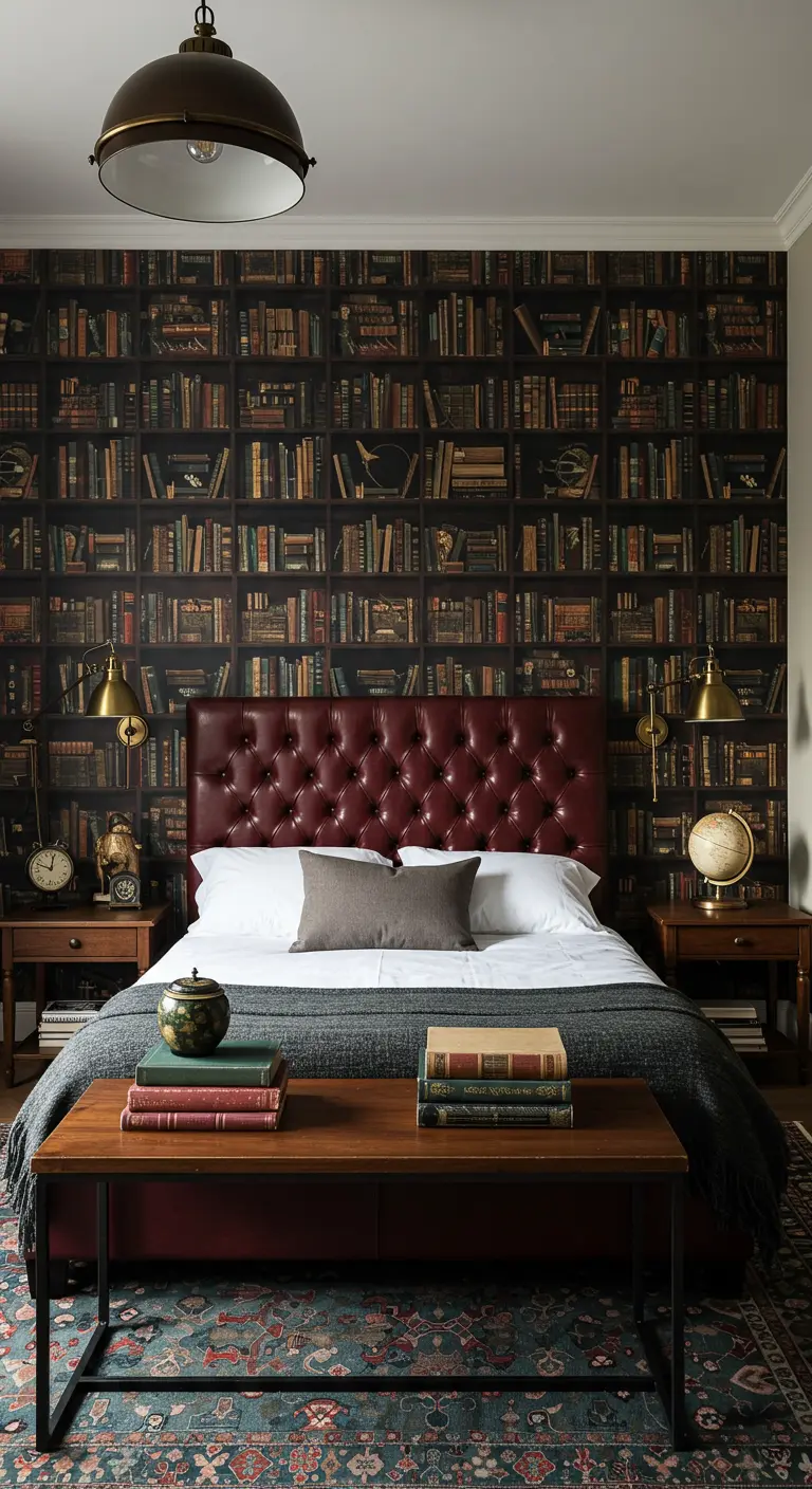 Bedroom with bookshelf wallpaper, a red leather tufted headboard, and brass sconces.