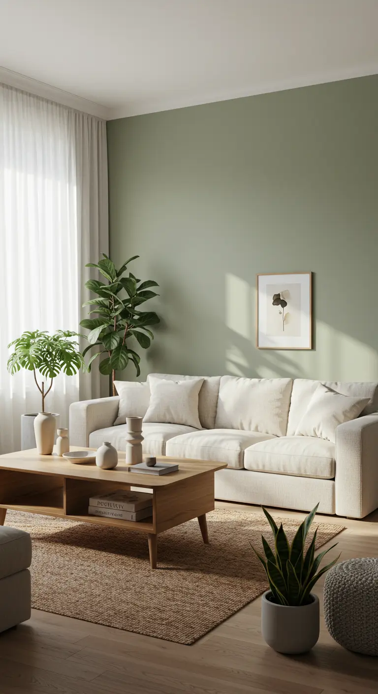 Living room with a sage green accent wall, cream sofa, and light wood coffee table.