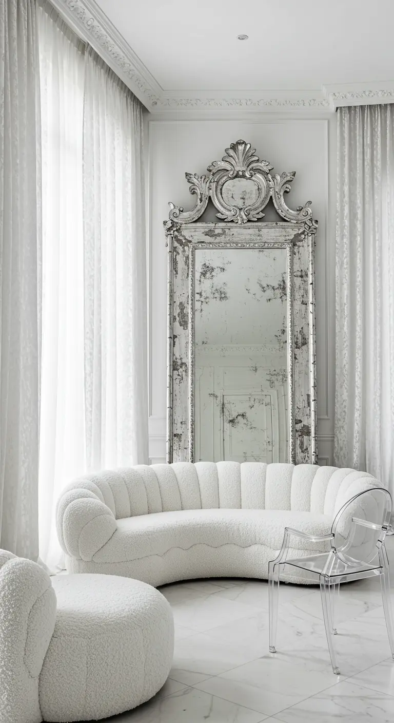 All-white room with a curved bouclé sofa and a large, distressed silver-framed floor mirror.