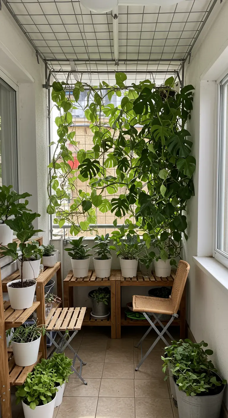 A narrow balcony with a wire grid covered in climbing plants like pothos and monstera.