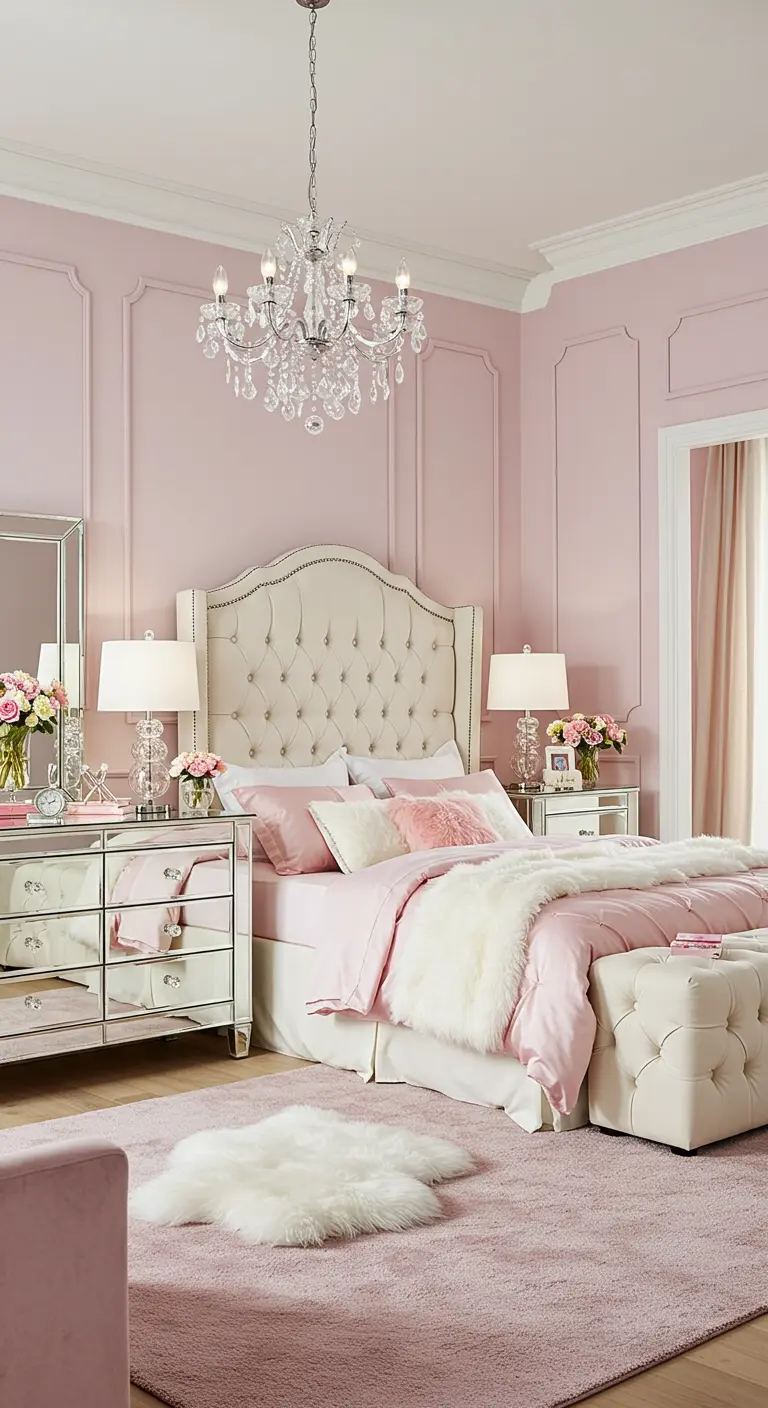 Soft pink bedroom with a tufted headboard, mirrored furniture, and a classic crystal chandelier.