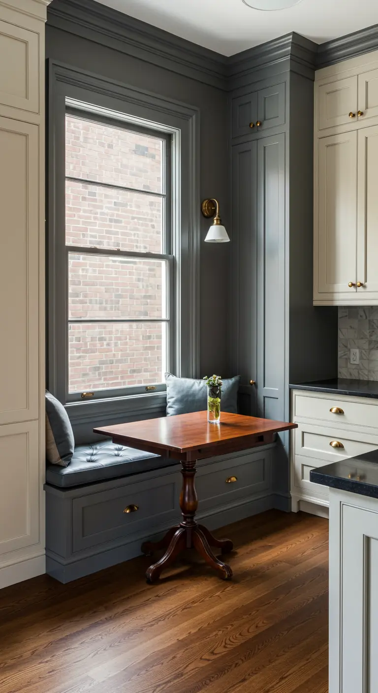 Traditional kitchen nook with dark grey cabinetry and a wood pedestal table.