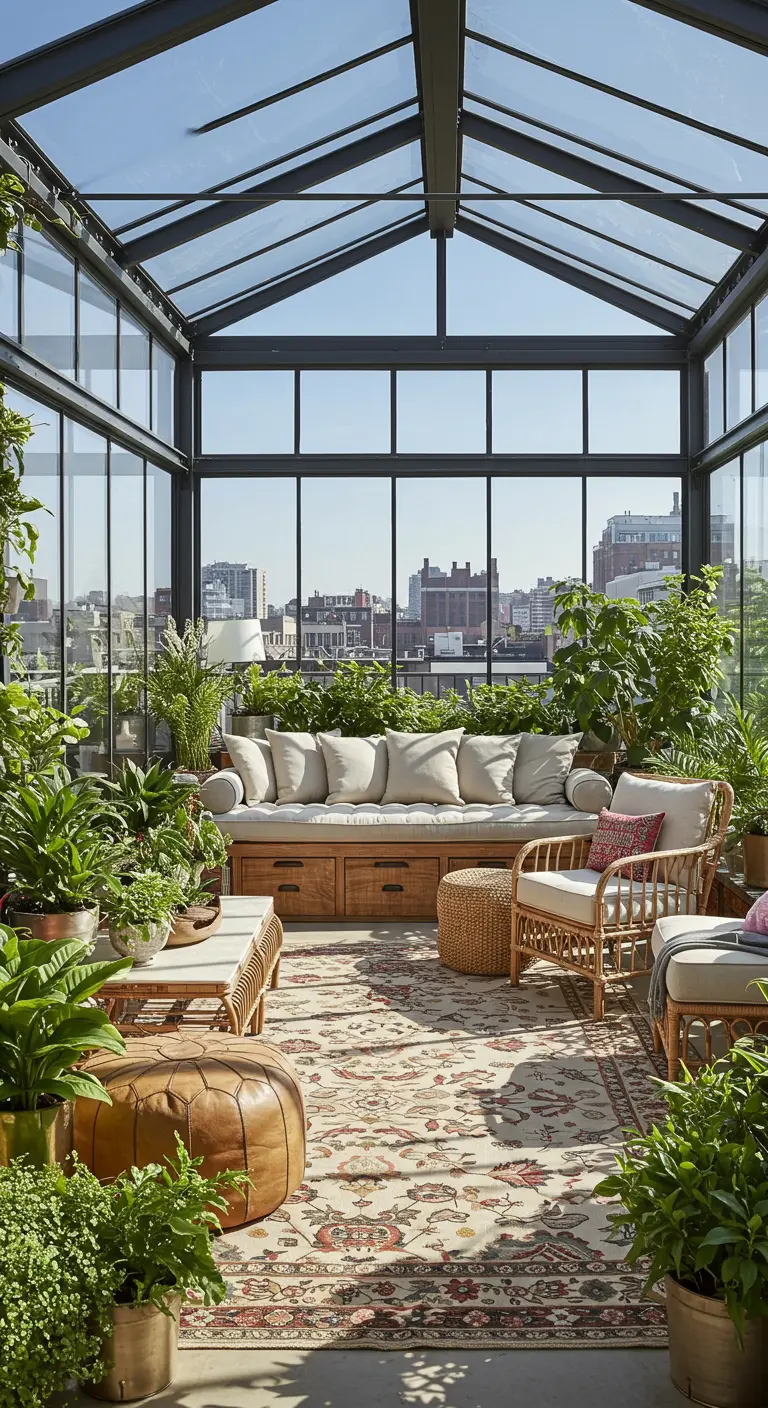 A glass-enclosed sunroom filled with plants, with a built-in bench and wicker seating.