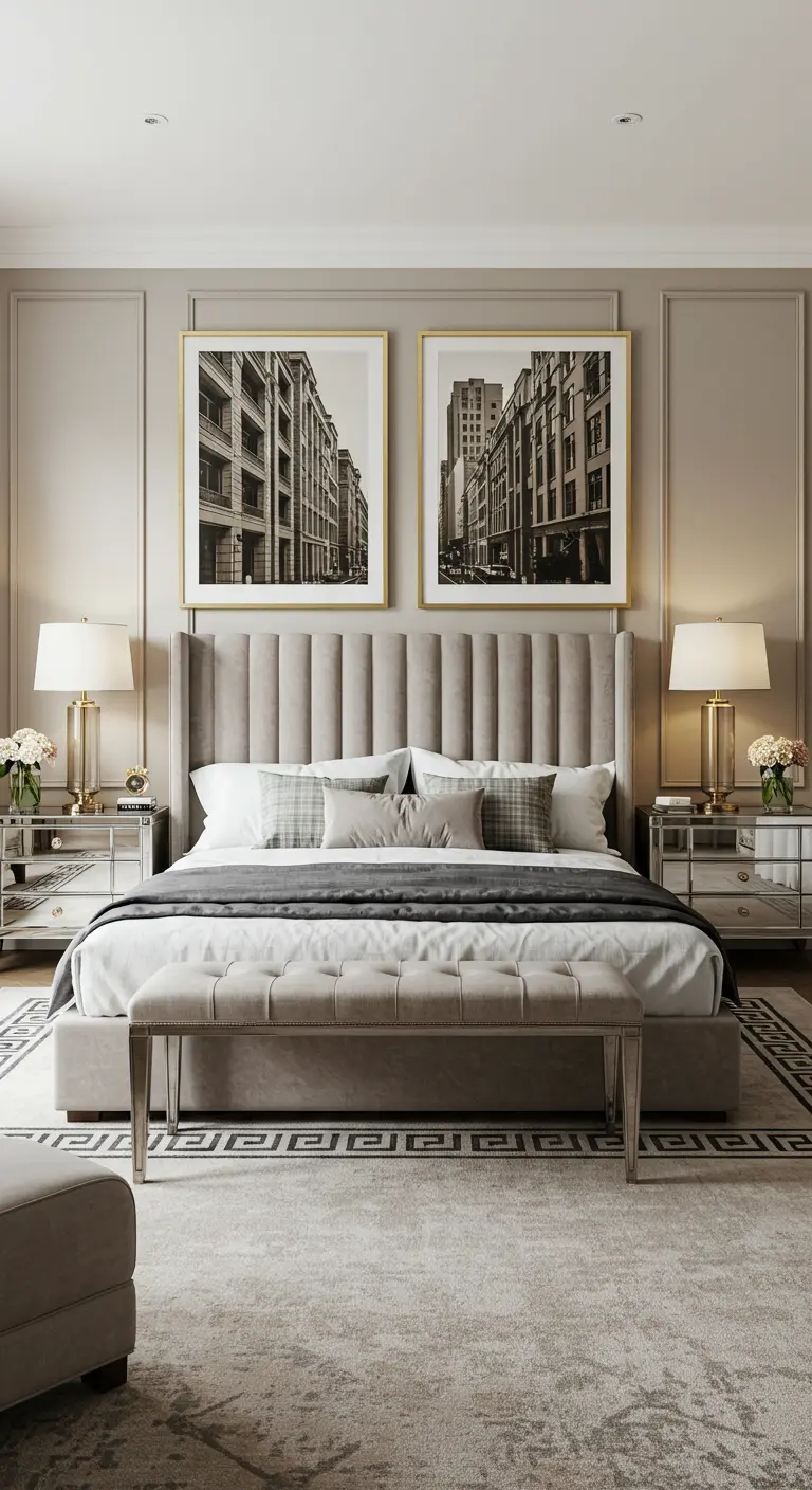 Symmetrical bedroom with a beige tufted bed, mirrored nightstands, and matching lamps and art.