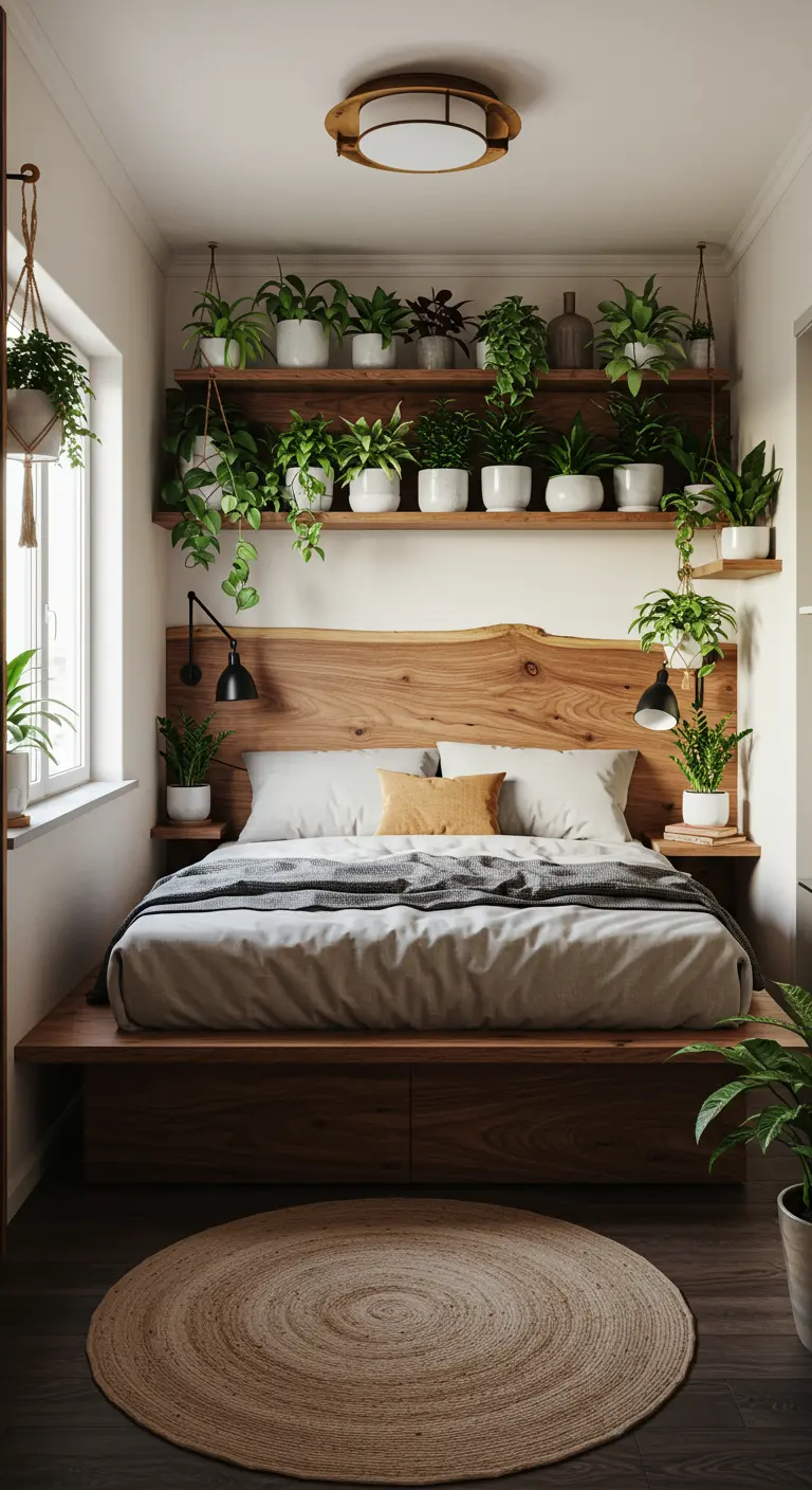 Symmetrical bedroom with a platform bed, live-edge headboard, and shelves of plants creating a canopy.