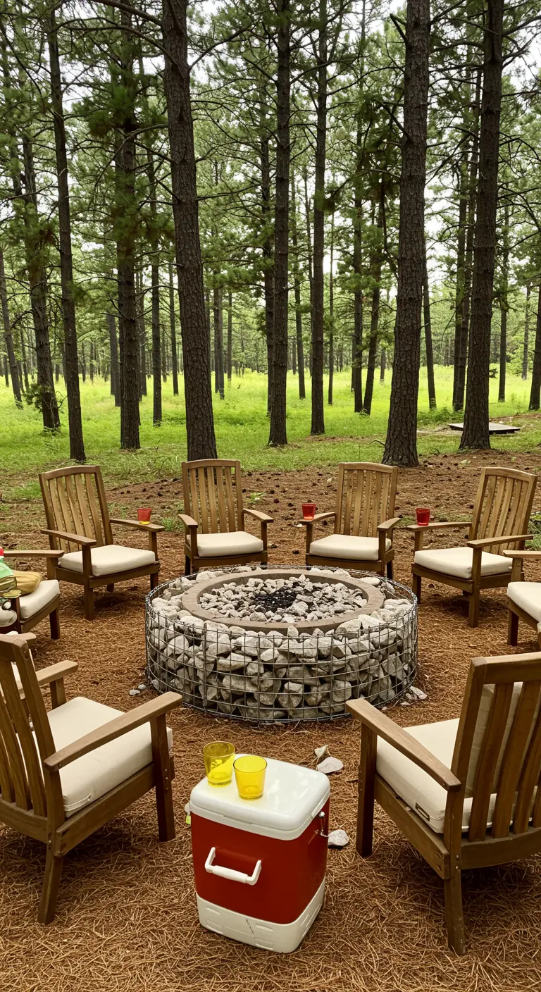 A round fire pit made from a wire cage filled with white stones, surrounded by chairs.