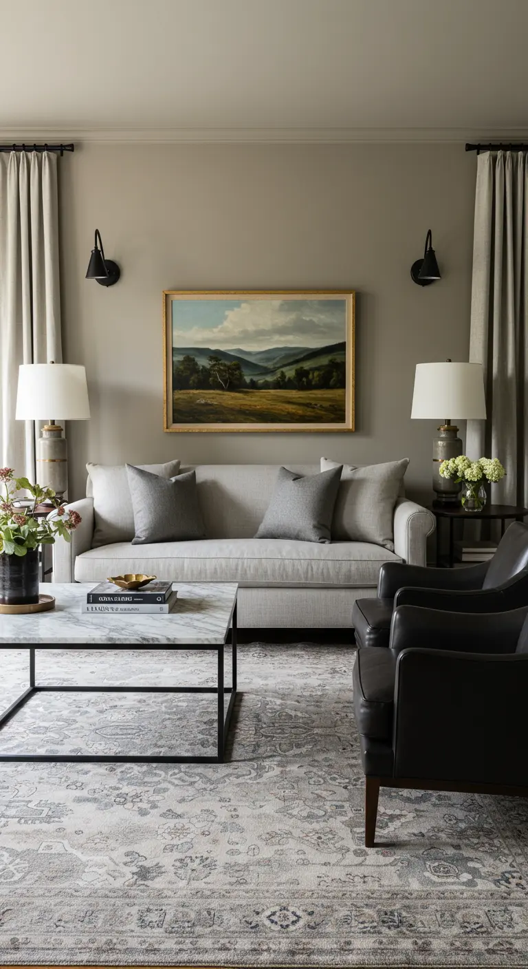 Traditional living room with a landscape painting, matching lamps, and a marble coffee table.