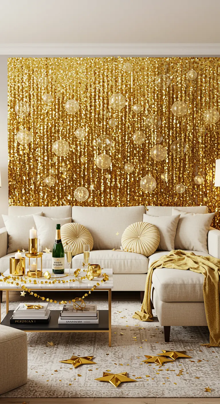 A glamorous living room with a gold sequin wall and hanging glass bubbles.
