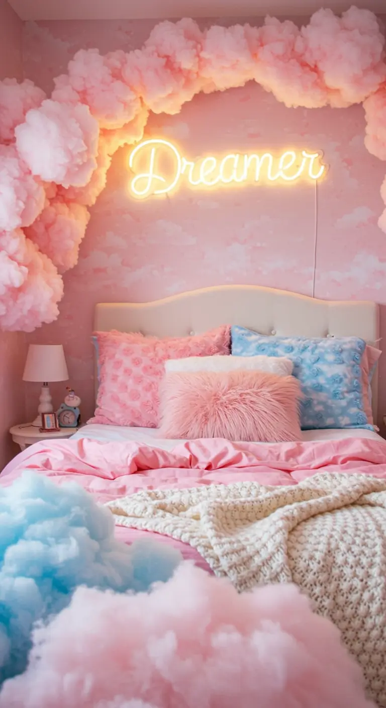A dreamy pink bedroom with cotton clouds framing a neon 'Dreamer' sign.