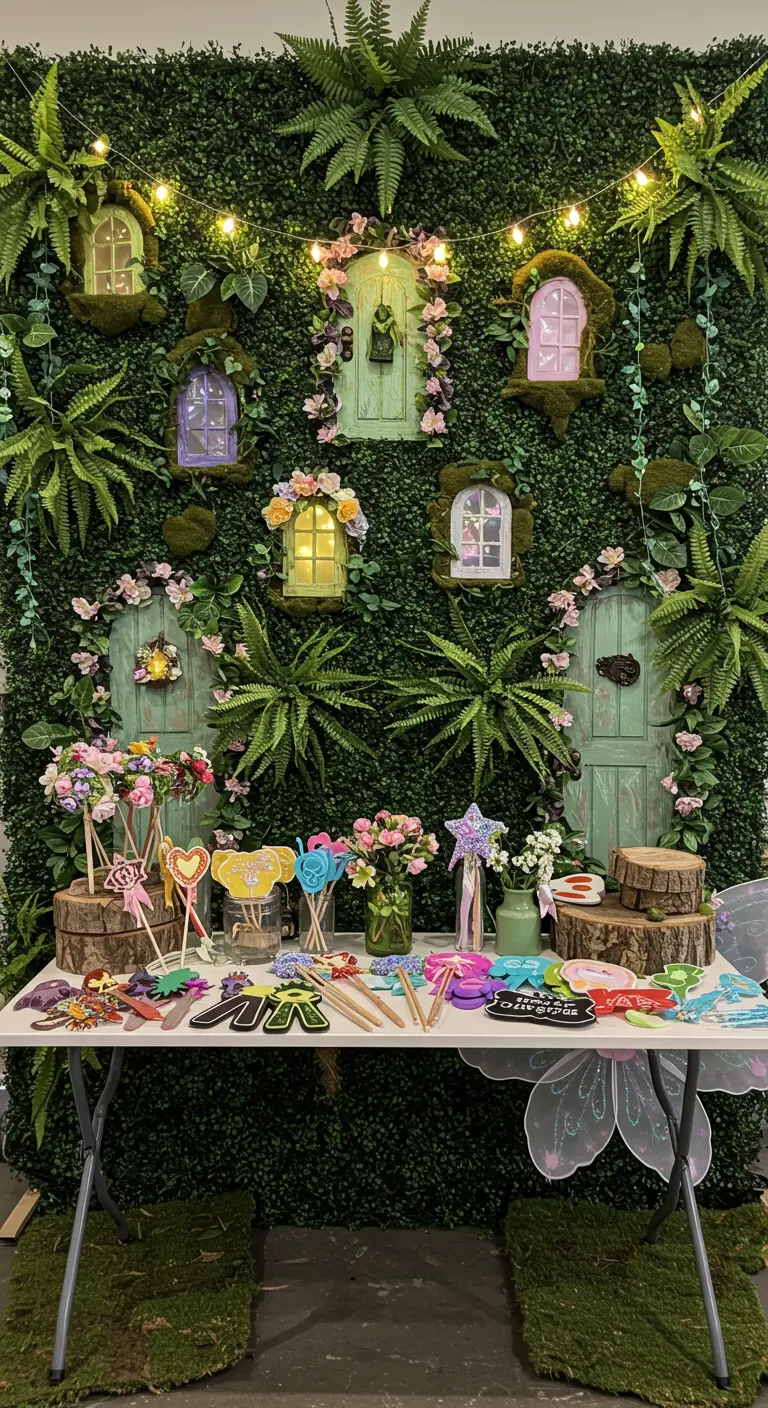 A greenery wall decorated with various small, colorful fairy doors and flowers.