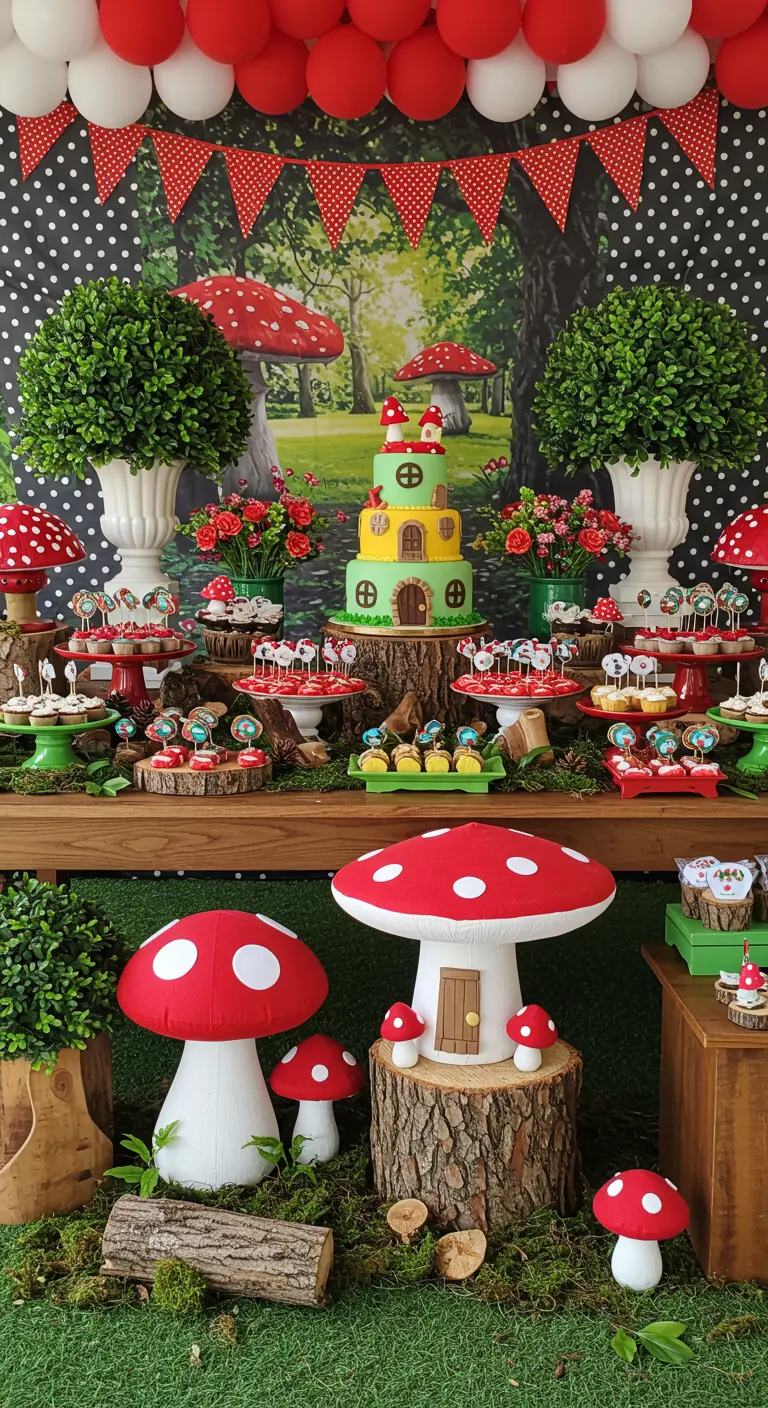 Gnome-themed party table with large decorative toadstools and a forest backdrop.