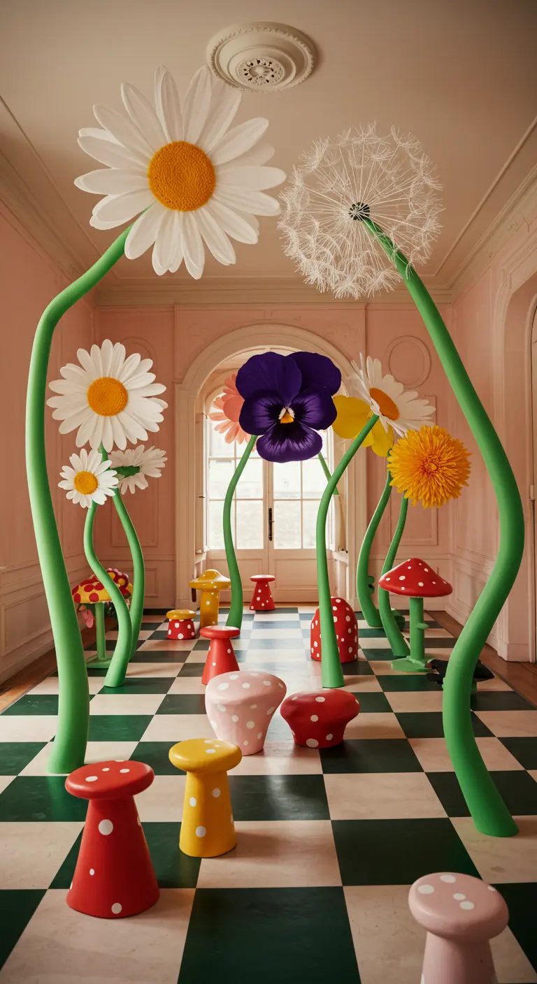 A whimsical room with giant paper daisies on long, curvy green stems and mushroom stools.
