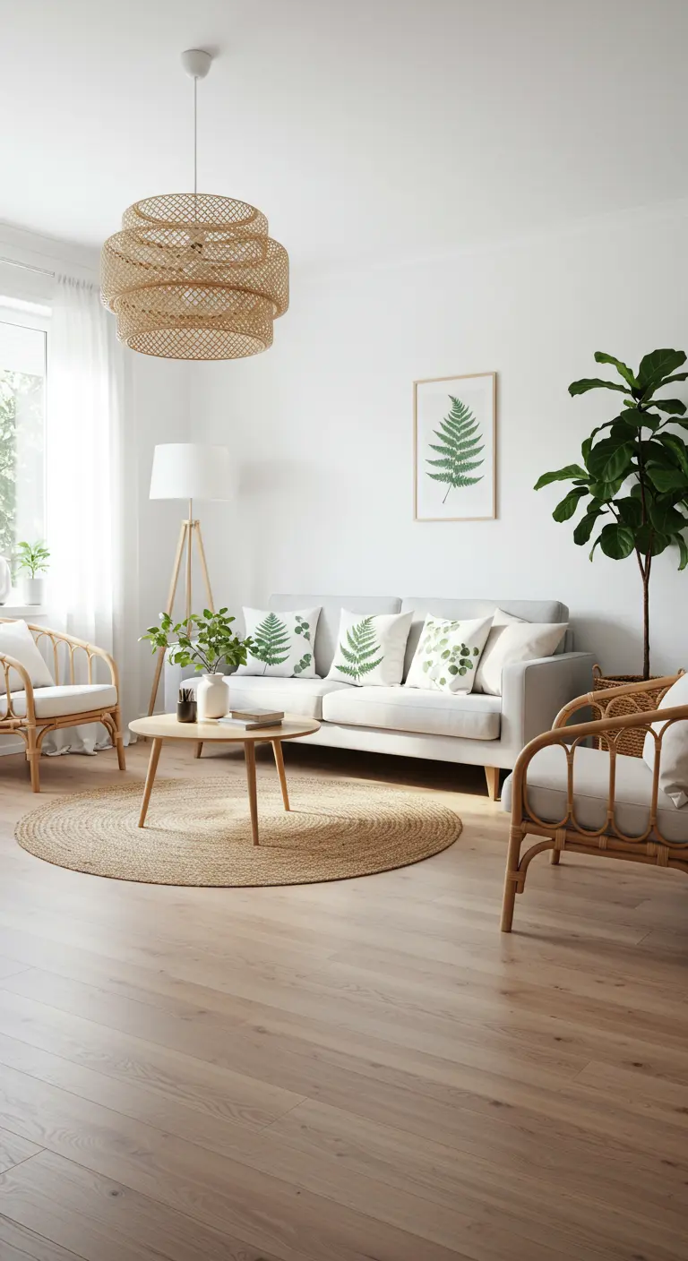 Scandinavian-inspired living room with white walls, rattan chairs, and fern print cushions.