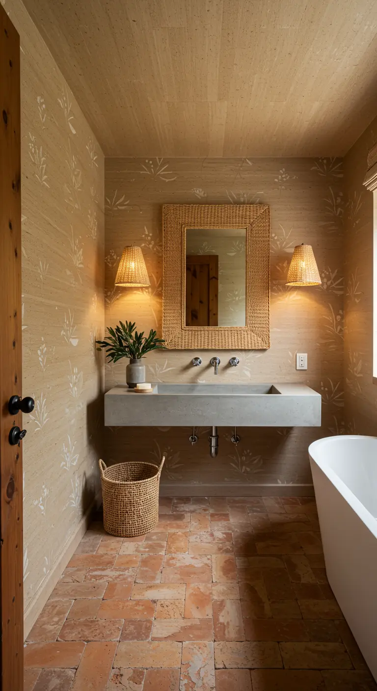 Earthy bathroom with textured beige wallpaper, a concrete sink, and woven sconces.