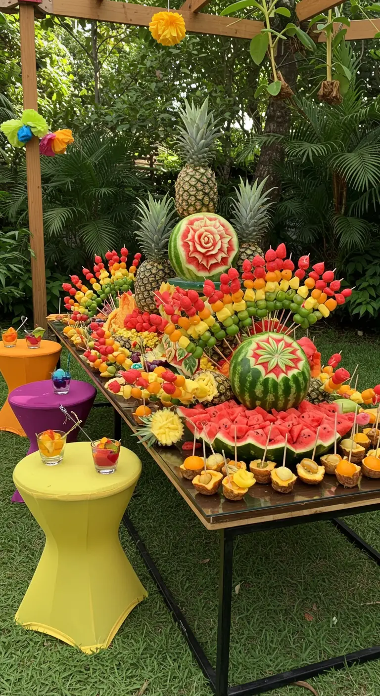 An elaborate fruit table display with carved watermelons and colorful fruit skewers.