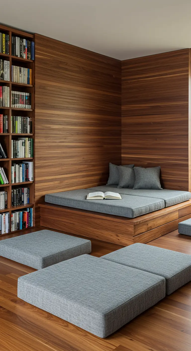 A reading nook with wood-paneled walls, built-in bookshelves, and modular gray cushions.