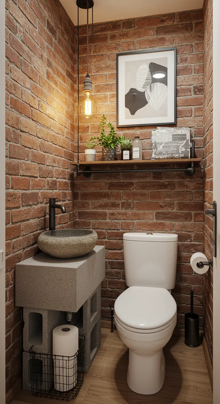 A small powder room with a red brick wall and a DIY vanity made of concrete blocks.