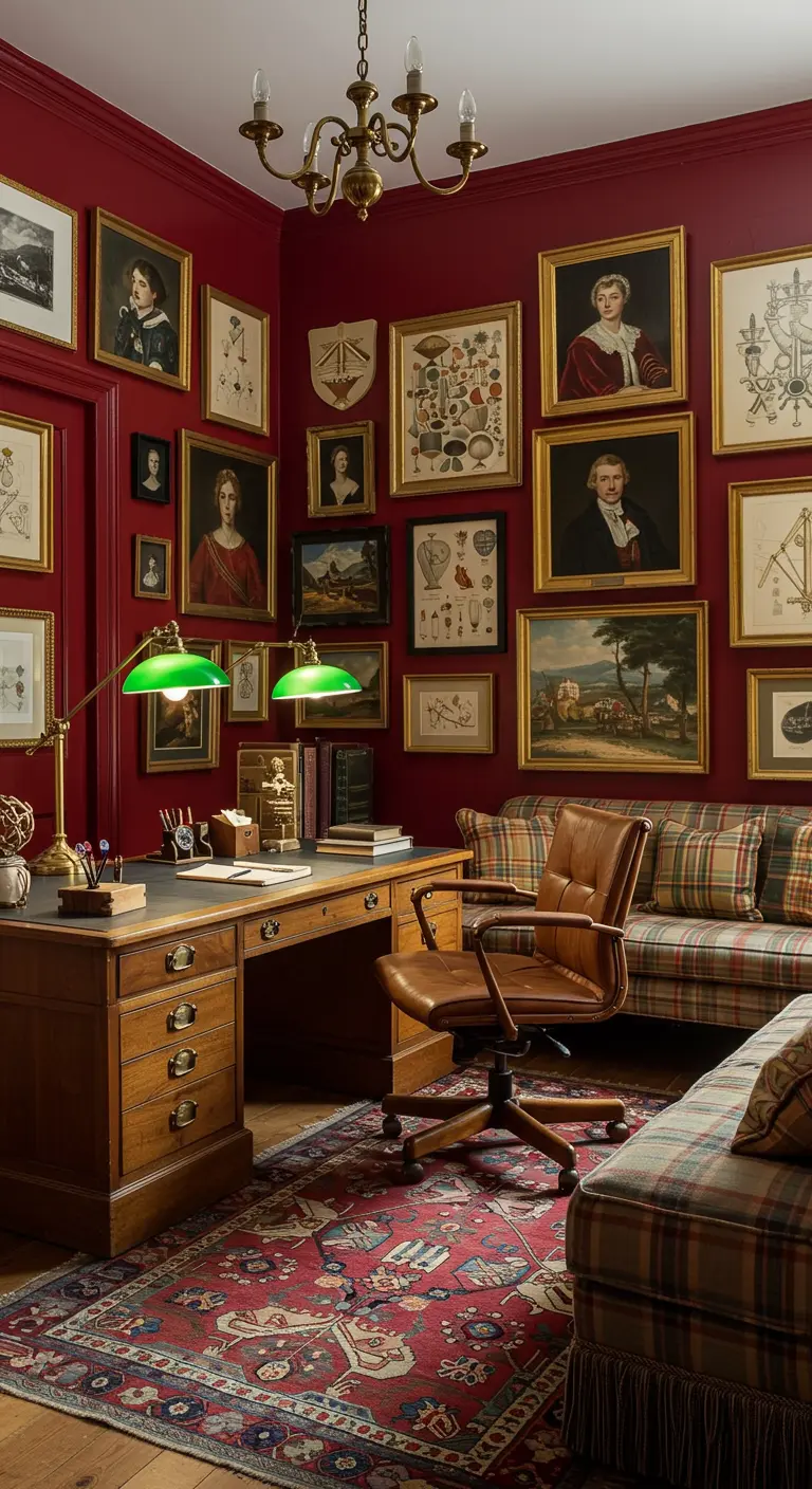 A study with deep red walls, a dense gallery wall of art, and a plaid sofa.