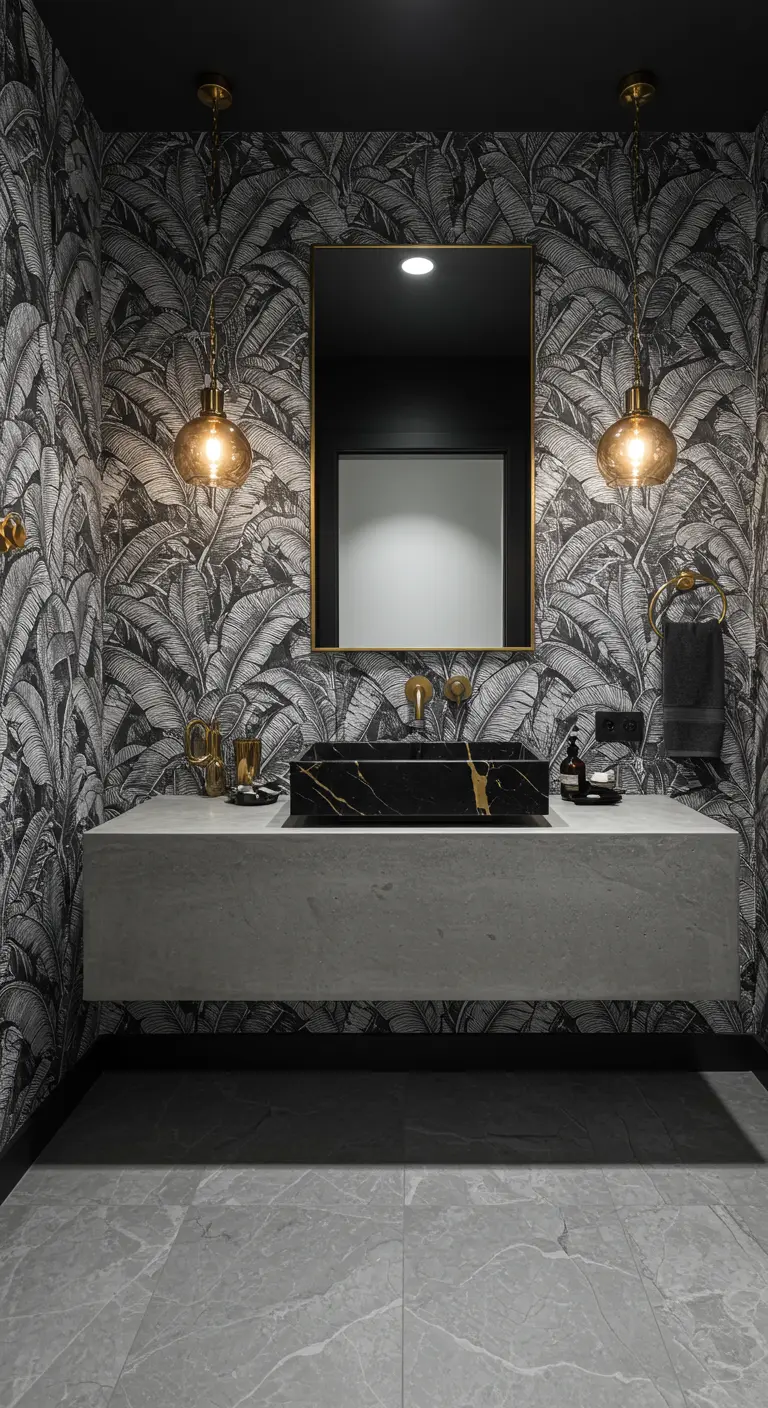 Moody bathroom with black and white palm wallpaper, a floating vanity, and gold pendant lights.