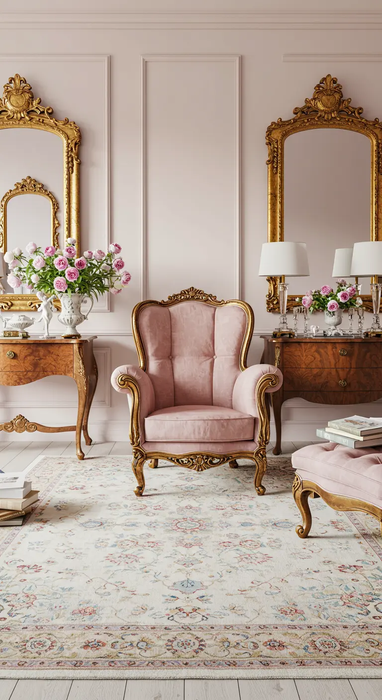 Dusty rose velvet wingback chair with gold frame in a pale pink room with ornate gold mirrors.