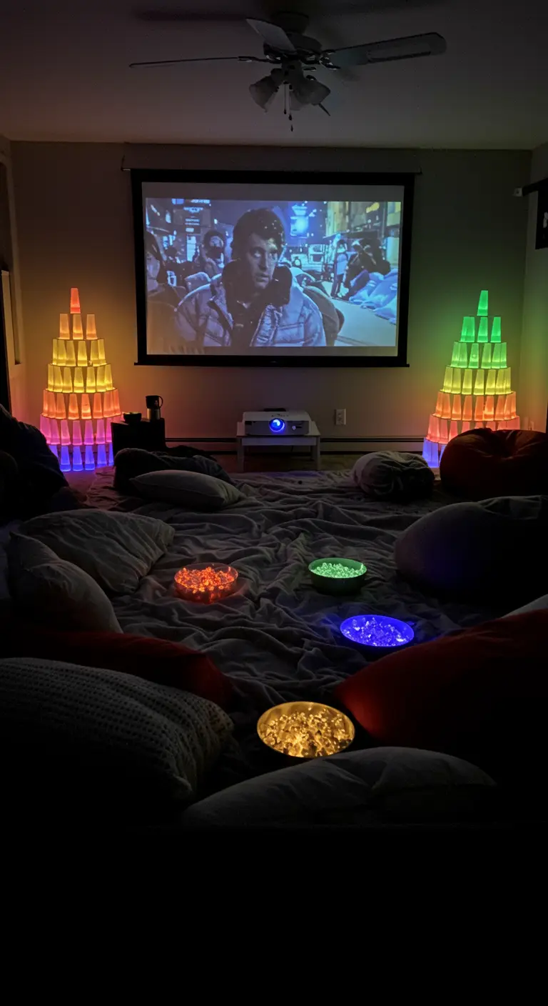 A movie night setup with a projector screen flanked by two glowing towers made of stacked cups.
