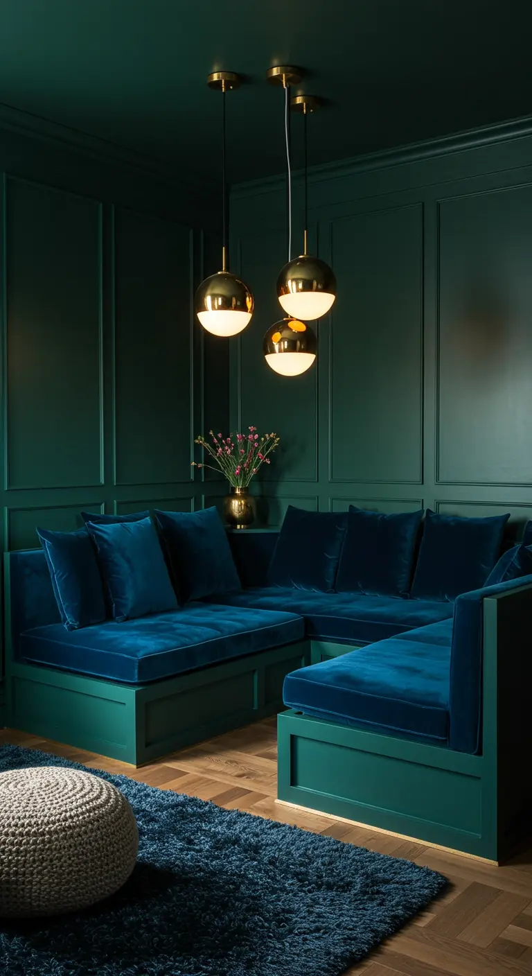 A built-in L-shaped sofa painted green to match the walls, with blue velvet cushions.