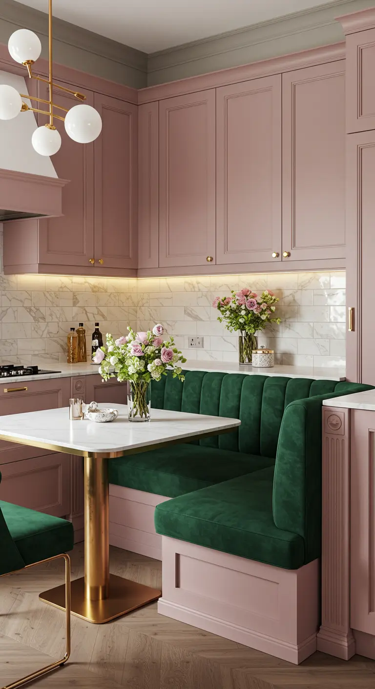 Kitchen with dusty rose cabinets and a built-in emerald green velvet banquette.