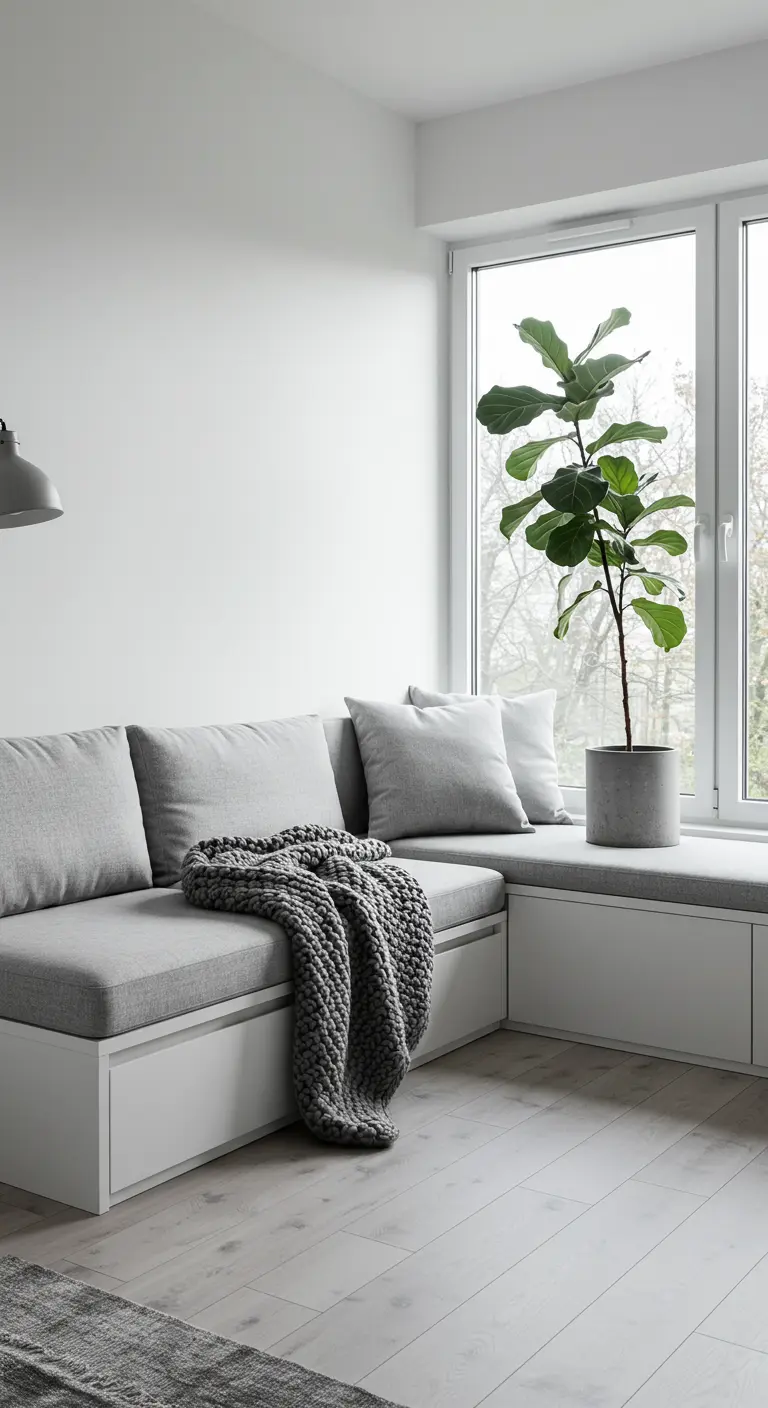 Built-in gray corner sofa with storage drawers next to a large window.
