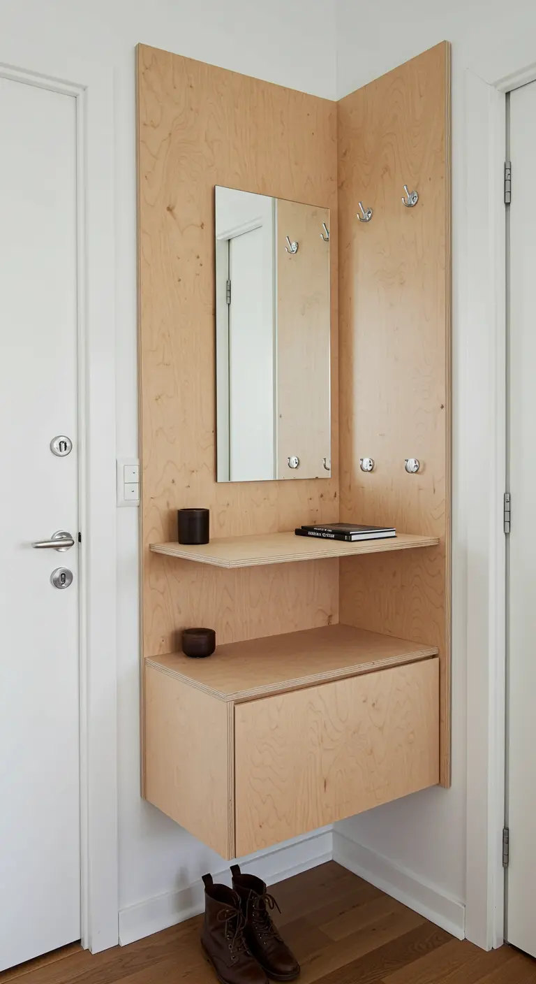 A corner entryway unit made of light plywood with hooks, a shelf, and a cabinet.