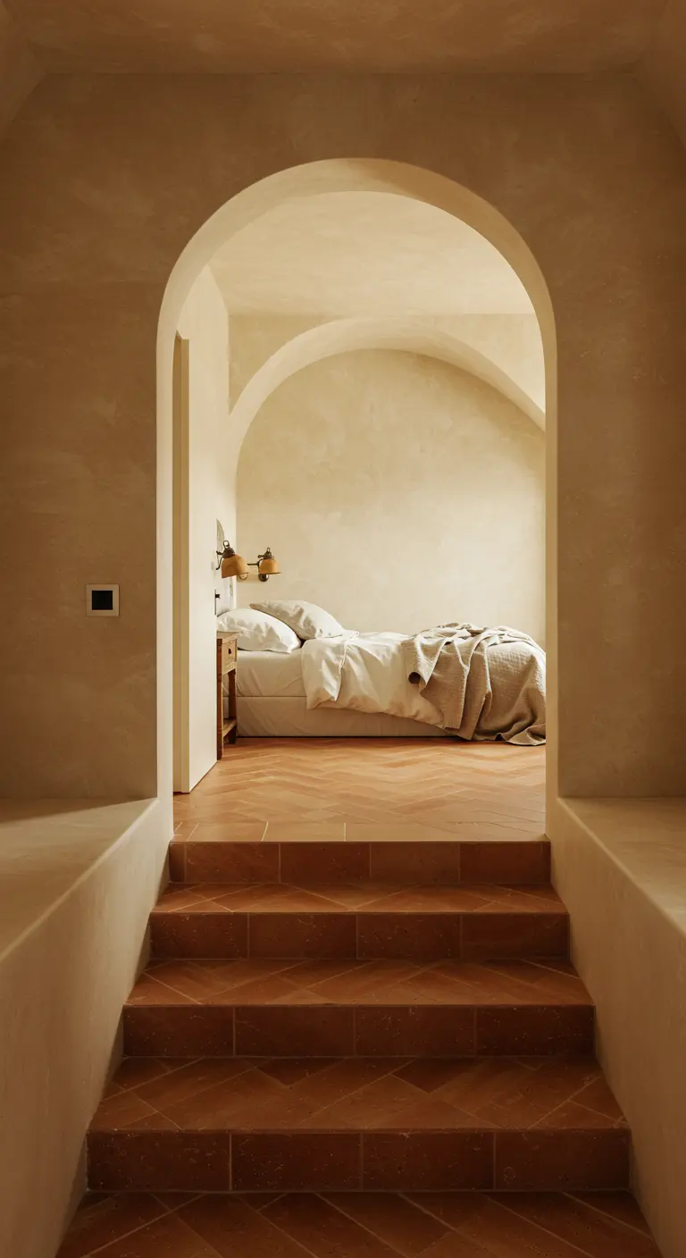 View through an arched doorway, down terracotta steps into a minimalist bedroom.