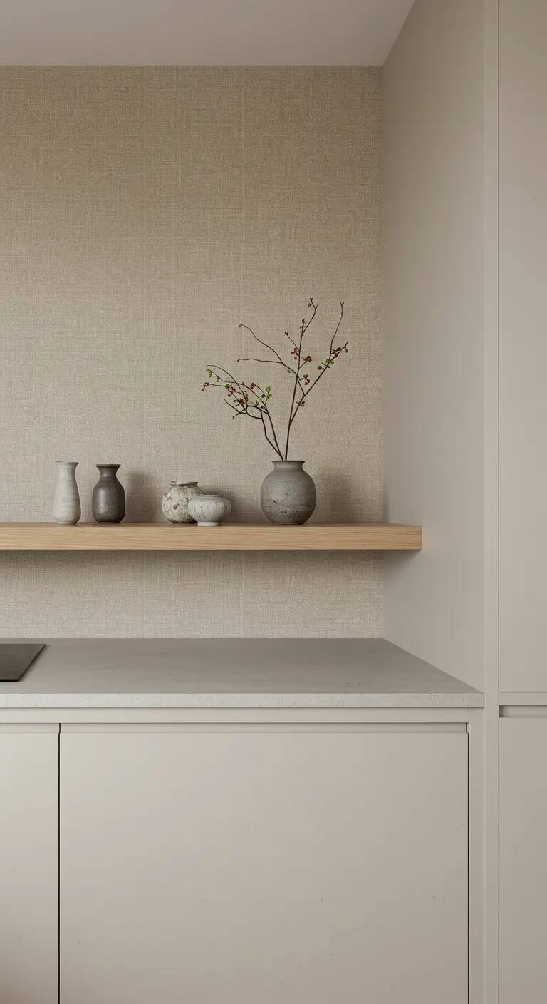 A minimalist kitchen corner with beige textured wallpaper and a single wooden shelf with vases.