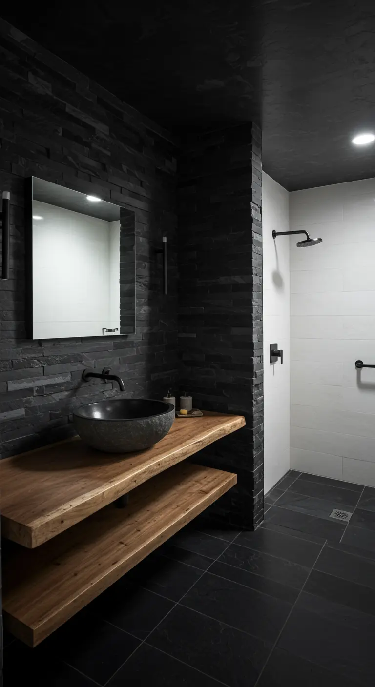 Modern bathroom with a black stacked stone accent wall and a live-edge wood vanity.