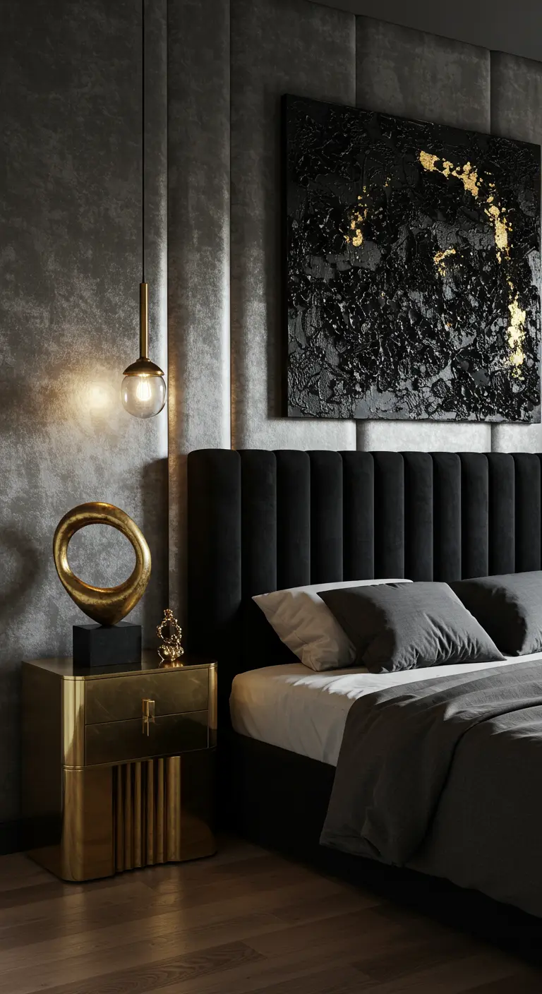 Bedroom with gray upholstered wall panels and black and gold textured art.