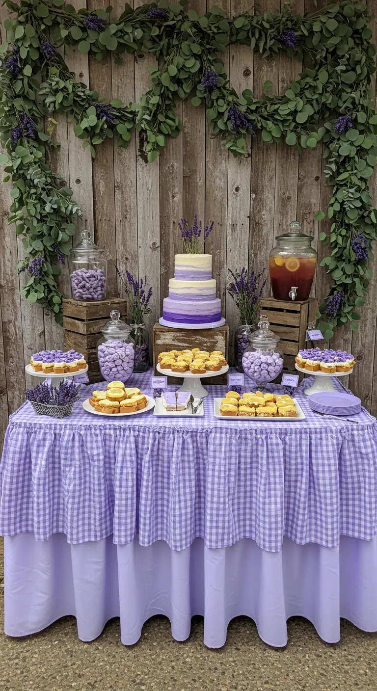 Dessert table with a lavender gingham cloth, greenery garland, and purple-themed treats.