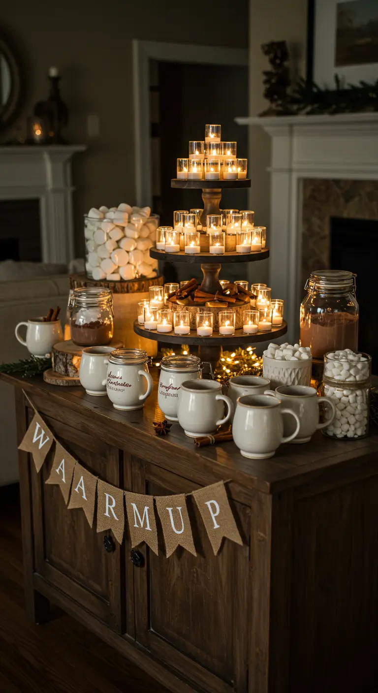 A 'WARM UP' themed hot cocoa bar with a tiered candle centerpiece and jars of marshmallows.