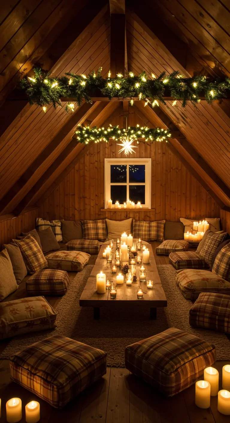 A cozy attic lounge filled with plaid floor cushions and dozens of candles around a low table.