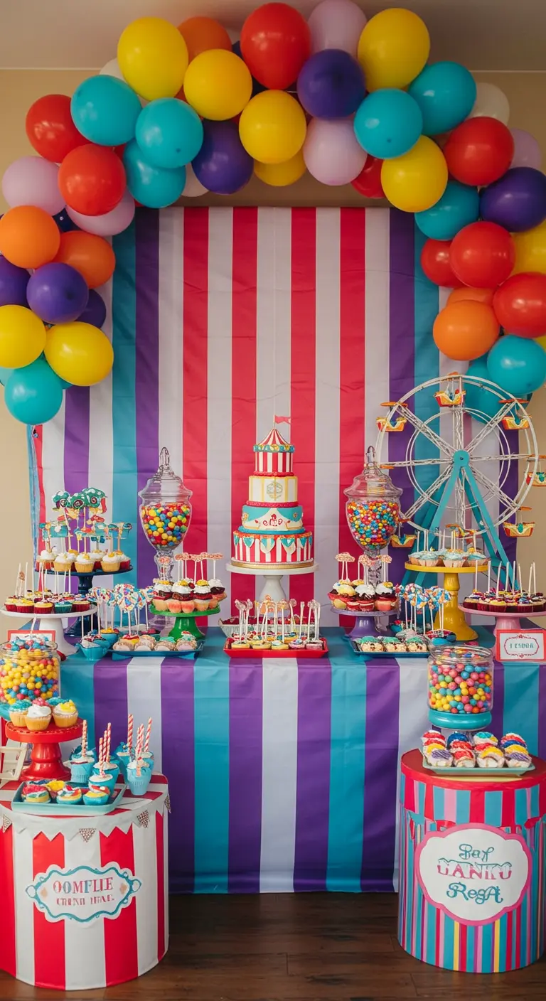 A vibrant carnival dessert table with a multi-colored striped backdrop and rainbow candy.