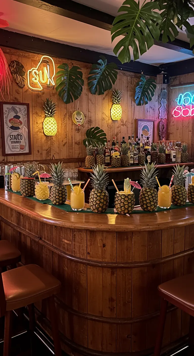A curved wooden tiki bar decorated with a line of pineapples and neon lights
