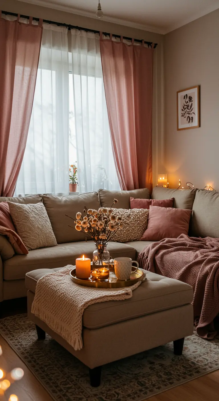 A cozy living room with pink curtains, pillows, and warm candlelight.